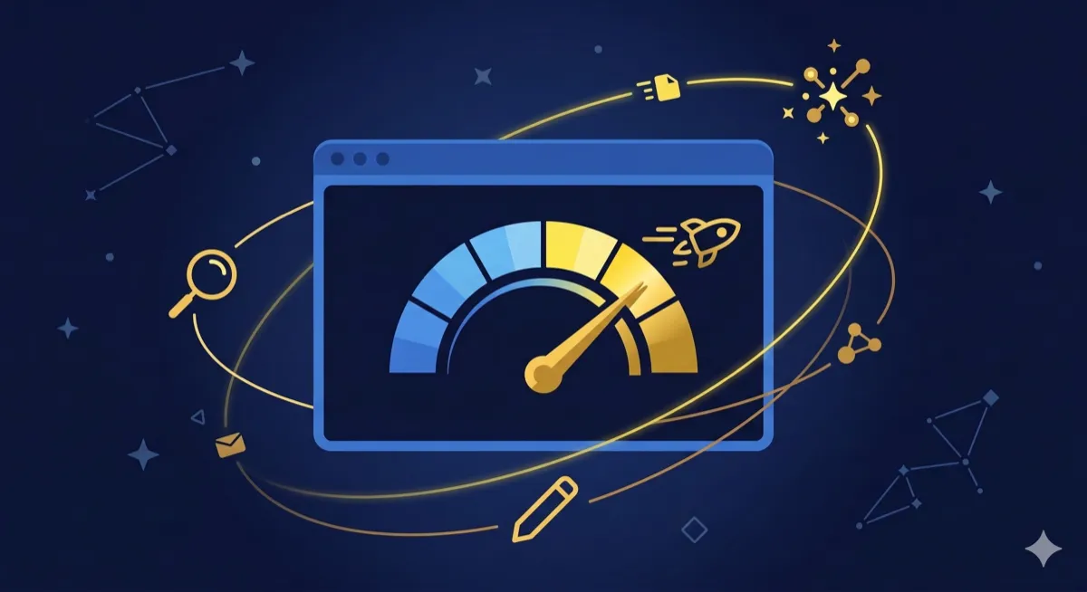 Fast website with performance gauge and SEO indicators